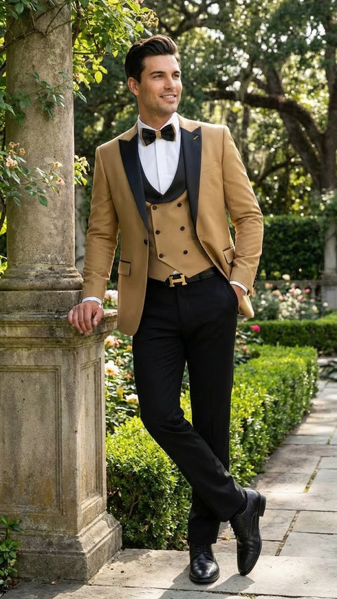 Men's Dark Camel Tan Khaki and Black Great Gatsby Tuxedo Suit – Vintage 1920s Formal Wedding, Party and Event Wear