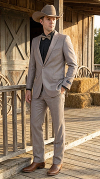 Men’s Light Taupe Western Tuxedo Suit – Cowboy Style Formal Blazer and Pants Outfit in Khaki Tan Light Brown Color