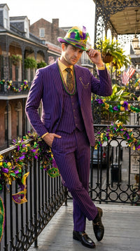 Men’s Purple Pinstripe Mardi Gras Suit | Three Piece Carnival Formal Suit with Vest
