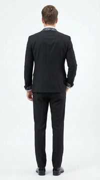 Mens Black and White Lapel Tuxedo Suit – Black Formal Tuxedo with White Pattern Lapel for Wedding, Prom and Evening Events