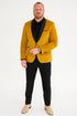 Men’s Mustard Gold Velvet Tuxedo Jacket – Slim Fit Dinner Blazer with Black Satin Shawl Lapel + Free Black Pants & Bowtie