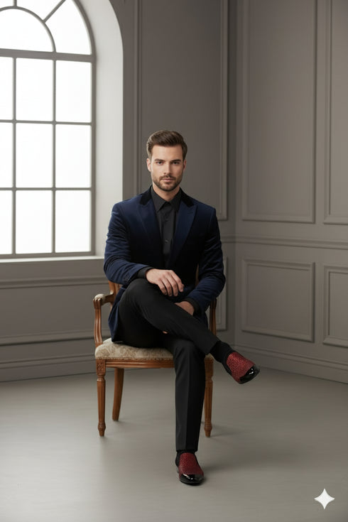 Men’s Red Glitter Tuxedo Loafers – Shiny Slip-On Dress Shoes with Black Patent Toe for Parties and Formal Events