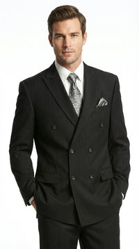 Men’s Black Pinstripe Double Breasted Suit – Peak Lapel Classic Fit Formal Business Conservative settle stripe
