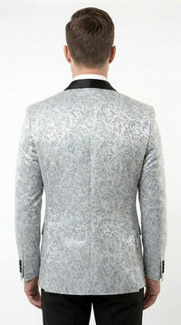 Men’s Silver and Black Floral Blazer – Elegant Formal Tuxedo Style Blazer Jacket for Wedding, Party, Prom and Evening Wear
