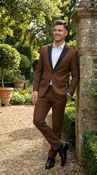 Men’s Light Brown Vested Piece Suit – Elegant Formal Suit with Contrast Lapel for Wedding, Party