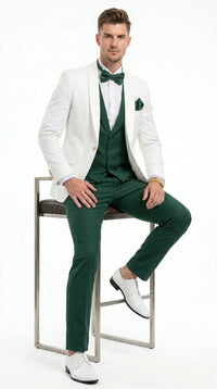 Men’s White and Hunter Green 3 Piece Suit – Elegant Formal Suit with Vest, Wedding Tuxedo Suit for Prom and Party Wear