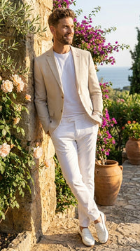 Men’s Beige Seersucker Summer Blazer, Lightweight Striped Sport Coat for Weddings, Parties, Beach Events in Tan Color