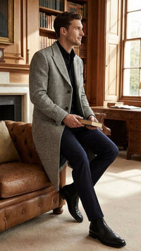 Men’s Grey Herringbone Long Overcoat – Tweed Black and White Pattern Wool Topcoat Three Qaurter