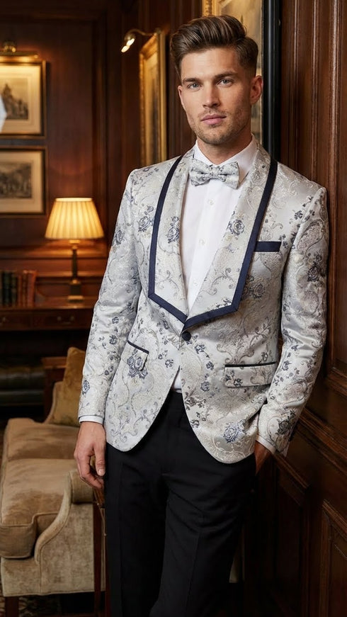 Men’s White and Navy Blue Lapel Floral Jacquard Blazer with Contrast Shawl Lapel – Luxury Wedding and Party Wear Jacket paisley Tuxedo Navy Pants
