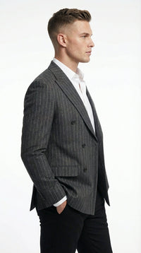 Mens Charcoal Gray Pinstripe Double Breasted Blazer Sport Coat – Classic Formal Business Jacket for Office and Smart Casual Wear