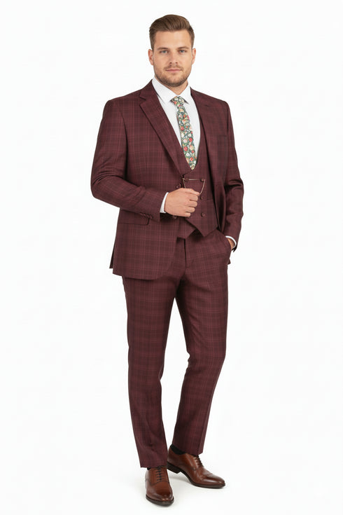 Men’s Burgundy Checkered 3-Piece Suit – Windowpane Classic Fit Plaid Blazer with Vest and Pants