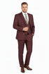Men’s Burgundy Checkered 3-Piece Suit – Windowpane Classic Fit Plaid Blazer with Vest and Pants