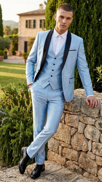 Men’s Light Blue Shiny 3 Piece Suit with Black Shawl Lapel | Formal Wedding Prom Suit - Sateen Sharskin Suit