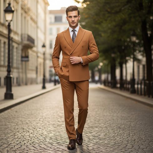 Men’s Vitali Brand Rustish Orange Brown Copper Color Double Breasted Slim Fit Suit