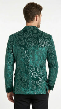 Men’s Emerald Green Paisley Tuxedo Dinner Jacket with Black Lapel, Formal Prom Wedding Party Blazer