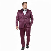 Mens Sateen Shiny Burgundy Slim Fit Tuxedo – Satin Shawl Lapel 3-Piece Suit