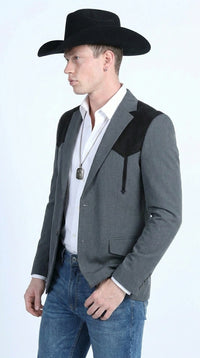 Men’s Dark Charcoal Western Blazer with Black Suede Yokes, Cowboy Sport Coat for Ranch Wedding and Country Events By Platini