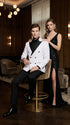 Men's White Double Breasted Tuxedo Dinner Jacket with Black Satin Peak Lapel – Formal Wedding Prom Blazer