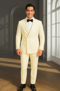 Mens Off-White Double Breasted Tuxedo Jacket with Shawl Lapel | Formal Wedding Suit in Ivory Cream Color