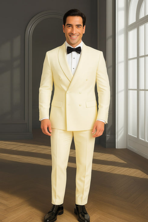 Mens Off-White Double Breasted Tuxedo Jacket with Shawl Lapel | Formal Wedding Suit in Ivory Cream Color