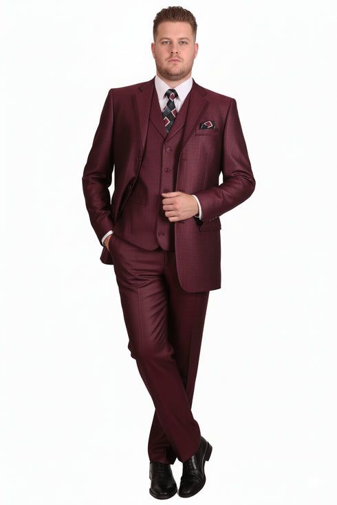Men’s Burgundy 3-Piece Suit – Burgundy Three Buttons Vested Suit - Pleated Pants Classic Fit Athletic Cut