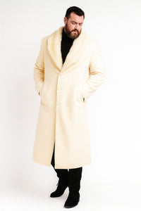 Men’s Ivory - Cream - Off White Full-Length Overcoat with Luxurious Faux Fur Shawl Collar – Winter Dress Coat
