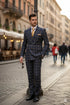 Men’s Navy and Tan Windowpane Double-Breasted Suit | Classic 2-Piece Plaid Dress Suit, Business, and Formal Events By Rossiman
