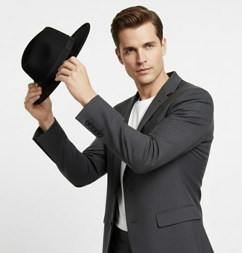 Men’s Black Wide Brim Fedora Hat – Classic Wool Felt Dress Hat with Matching Black Band