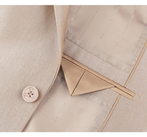 Mens Basic Two Button Slim Fit Suit with Optional Vest in Shiny Champagne Tan Sharkskin
