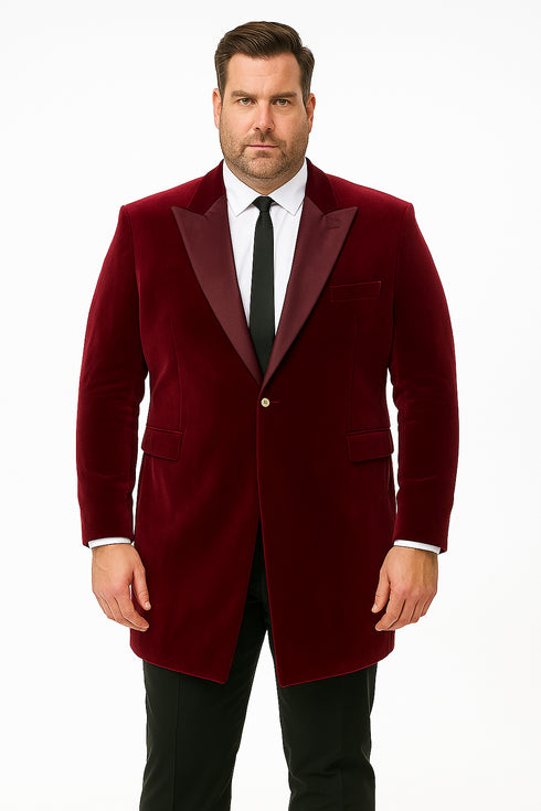 Men’s Burgundy Tuxedo in Velvet Long Blazer – Victorian Cutaway Tuxed Suit 1920s Gangster Style Long Jacket with Black Pants