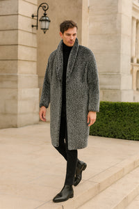 Men’s Luxury Long Grey Faux Fur Coat – Winter Overcoat with Animal Print Design