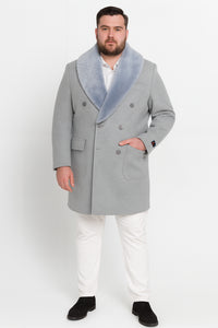Men’s Light Grey Double Breasted Overcoat with Faux Fur Shawl Collar – Winter Luxury Coat Wool Fabric