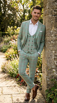 Mint Green Plaid Three Piece Suit for Men | Classic Checkered Formal Suit with Jacket Vest and Pants By Rossiman