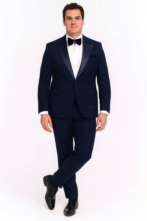 Men’s Navy Blue Tuxedo with Satin Peak Lapel With Matching Color Lapel Sateen – Formal 2 Piece Suits