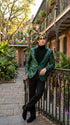 Mens Emerald Green Mardi Gras Blazer with Black Satin Lapel – Paisley Swirl Pattern Formal Party Jacket