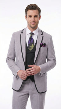 Mens Black and White Pinstripe Wedding Tuxedo Suit – Three Piece Formal Suit Set with Contrast Trim for Groom, Prom - Seersucker Summer Suit