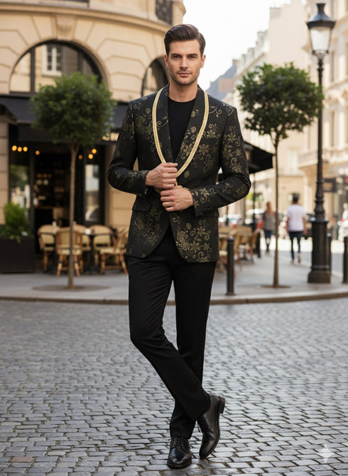 Men’s Black and Gold Embroidered Luxury Blazer – Designer Floral Pattern Wedding & Party Jacket (Sim534)