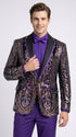 Mens Mardi Gra Black and Purple and Gold Sequin Tuxedo Jacket Set – Designer with Floral Pattern Jacket Formal Wedding Party Wear Bowtie