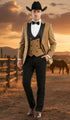 Mens Western Cowboy Tuxedo – Tan and Black 3-Piece Suit with Satin Lapel and Vest in Mocca Coffee Color