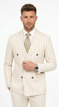 Men’s Cream Off White Pinstripe Linen Pinstripe 2 Piece Double Breasted Suit, Summer Wedding Ivory Color By Vitali