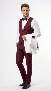 Men’s White and Burgundy 3 Piece Tuxedo Suit, Vested Formal Wedding Prom Dinner Suit Set bowtie included