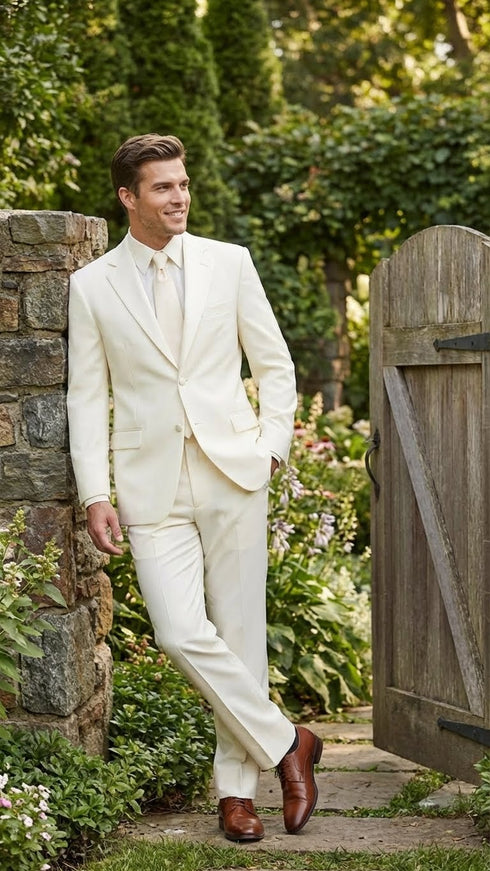 Men’s Ivory Tuxedo Suit with Satin Notch Lapel – Formal Wedding and Evening Wear Suit in Cream Off White Color
