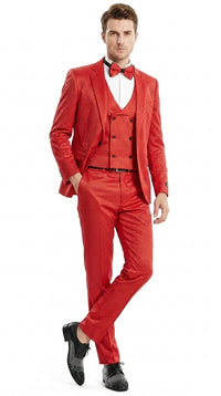 Tazio Men’s Cherry Red and Black Polka-Dot 3-Piece Suit – Skinny Fit Prom, Wedding and Party Suit or Tuxedo