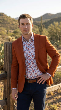 Men’s Rust Cowboy Western Blazer – Copper Brick Color Two Button Sport Coat Peak Lapel Modern Fit