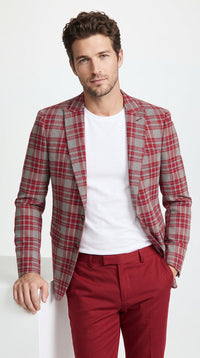 Men's Red Tartan Plaid Blazer Checkered Sport Coat Holiday New Year Gray Windowpane