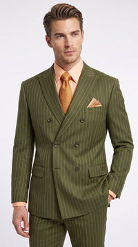Men’s Olive Green Pinstripe Double-Breasted Suit – Classic Wedding, Business and Formal Suit