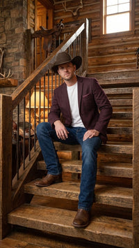 Men’s Burgundy Western Blazer Jacket, Textured Cowboy Style Sport Coat for - Tweed Herringbone Maroon Color