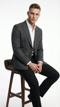 Mens Charcoal Gray Pinstripe Double Breasted Blazer Sport Coat – Classic Formal Business Jacket for Office and Smart Casual Wear