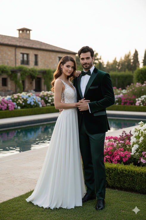 Men’s Dark Green Velvet Tuxedo Dinner Jacket – Slim Fit Formal Blazer with Satin Peak Lapel Lape