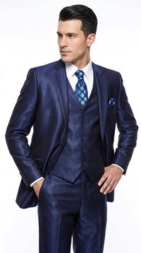 Men's Shiny Navy Blue Sateen 3-Piece Suit – Elegant Wedding, Prom Dress Suit with Matching Vest and Pants Slim Fitted